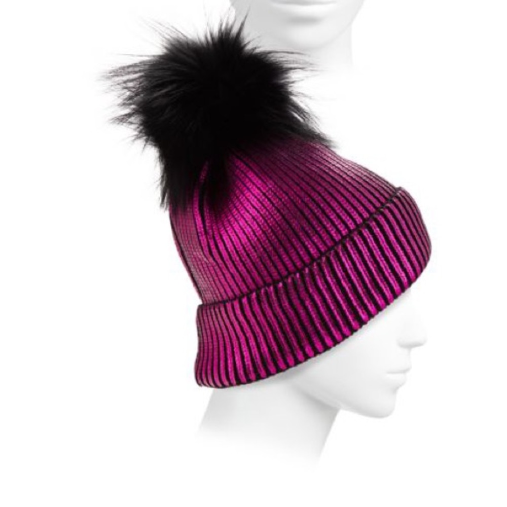 Fox Fur Pom-Pom Metallic Beanie